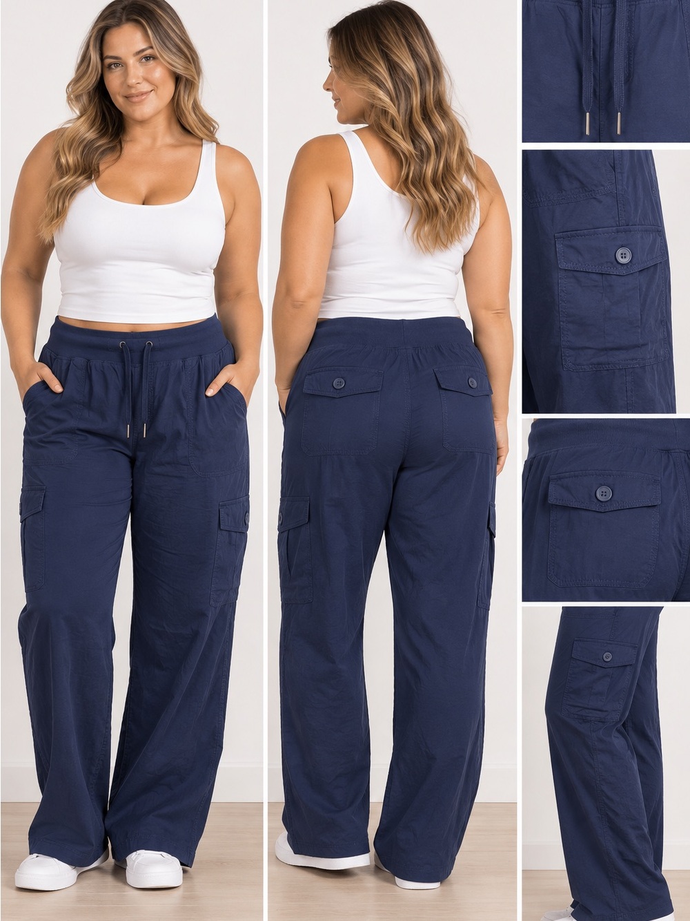 Wide Leg Cargo Pants - Navy